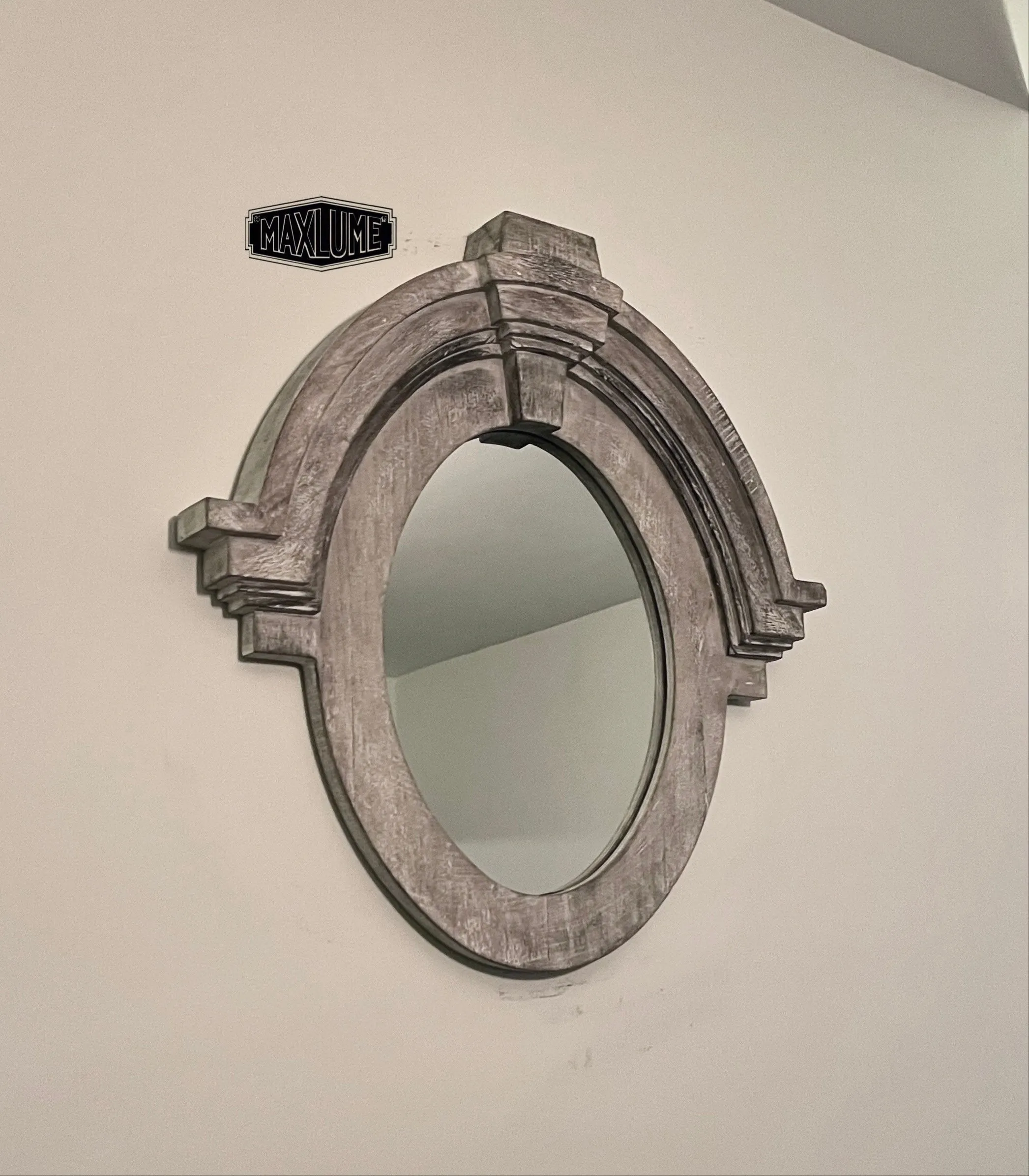 Maxlume ~ Mansard Arched Oval Mirror | Solid Wooden White Washed | Mango Wood | Gift Idea