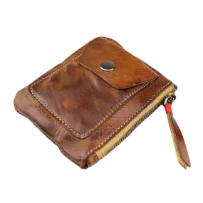 Men Genuine Leather Vegetable Tanned Thin Zipper Wallet Fold Large Capacity Card Holder Money Clip Coin Purse