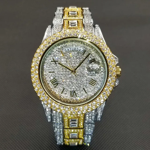 Mens Full Iced Crystal stainlesssteel waterproof Watch womens luxury watch