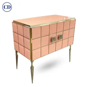 Modern Italian Custom Art Deco Style Royal Pink Glass Brass Edged Cabinet /Bar