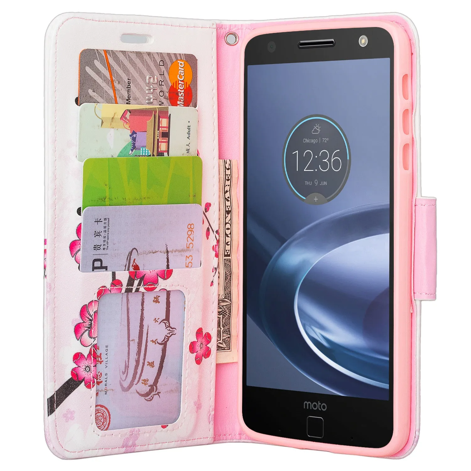 Moto Z Droid Case, Motorola Z Droid Wallet Case, Wrist Strap Pu Leather Wallet Case [Kickstand] with ID & Credit Card Slots - Cherry Blossom