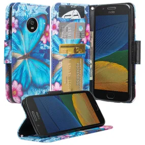 Motorola Moto G5 Plus Case, Moto G5 Plus Wallet Case, Slim Flip Folio [Kickstand] Pu Leather Wallet Case with ID & Card Slots & Pocket   Wrist Strap - Blue Butterfly