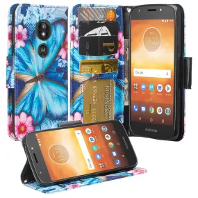 Motorola Moto G6 Play Case, G6 Forge, Wrist Strap Pu Leather Wallet Case [Kickstand] with ID & Credit Card Slots - Blue Butterfly