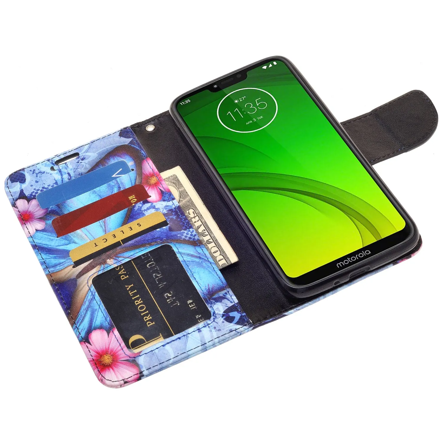 Motorola Moto G7 Power/G7 Supra/G7 Optimo Maxx Wallet Case, Wrist Strap Pu Leather Wallet Case [Kickstand] with ID & Credit Card Slots - Blue Butterfly