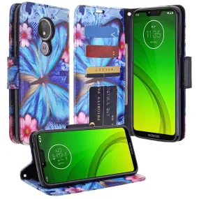 Motorola Moto G7 Power/G7 Supra/G7 Optimo Maxx Wallet Case, Wrist Strap Pu Leather Wallet Case [Kickstand] with ID & Credit Card Slots - Blue Butterfly