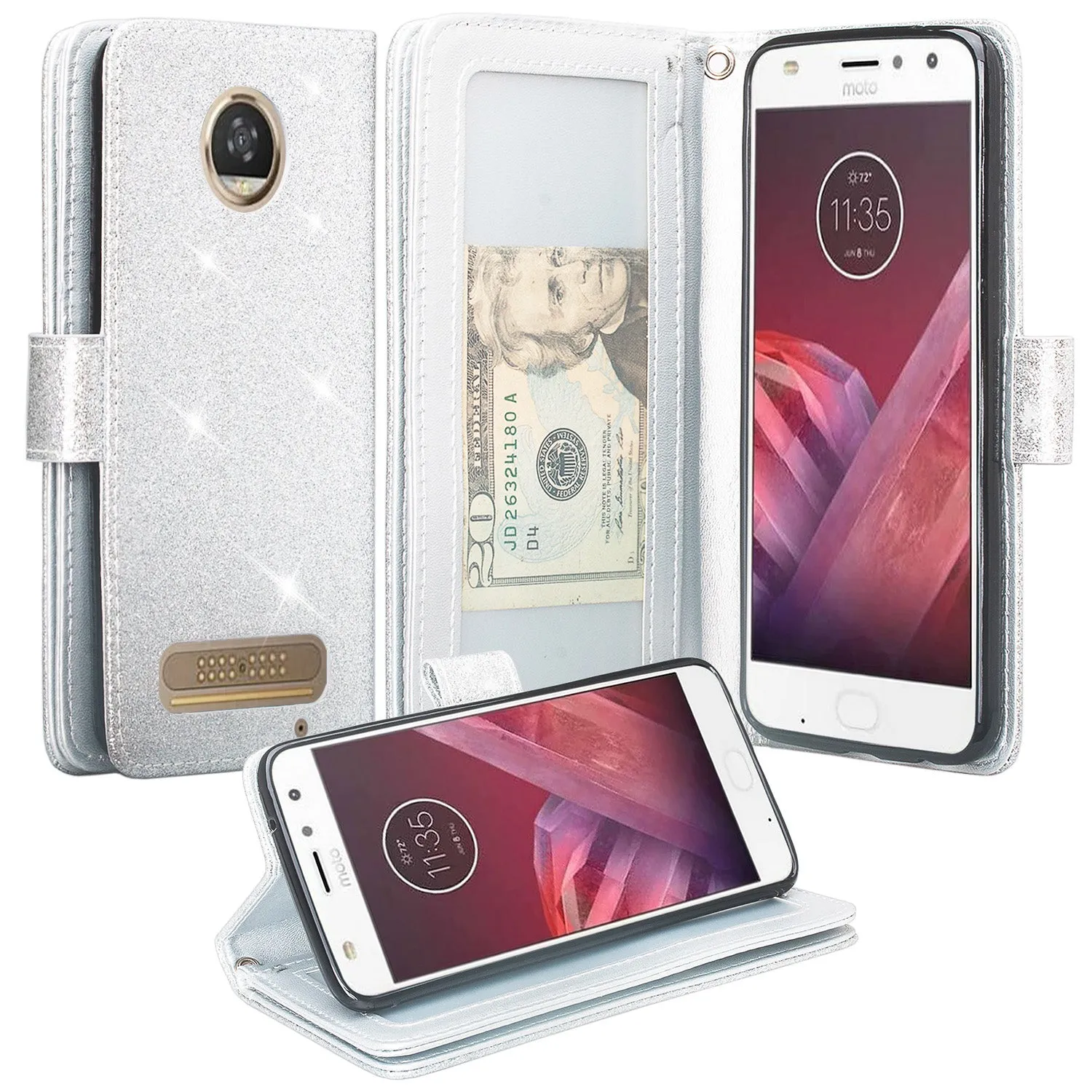 Motorola Moto Z2 Play Case, Moto Z2 Play wallet Case, [Wrist Strap] Glitter Faux Leather Flip [Kickstand Feature] Protective Wallet Case Clutch - Silver