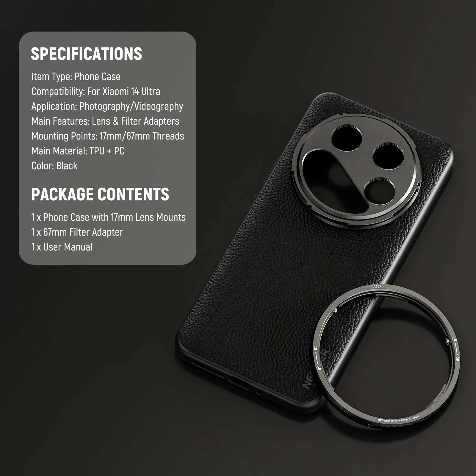 NEEWER PA051 Black Case for Xiaomi 14 Ultra with 17mm/67mm Adapters