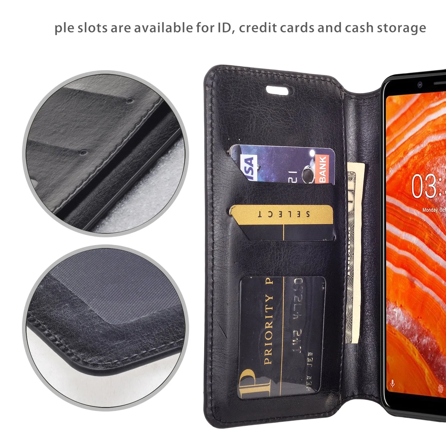 Nokia 3.1 Plus Case, Nokia 3.1 Plus Wallet Case, Pu Leather Wallet Case [Kickstand] with ID & Credit Card Slots for Nokia 3.1 Plus  - Black