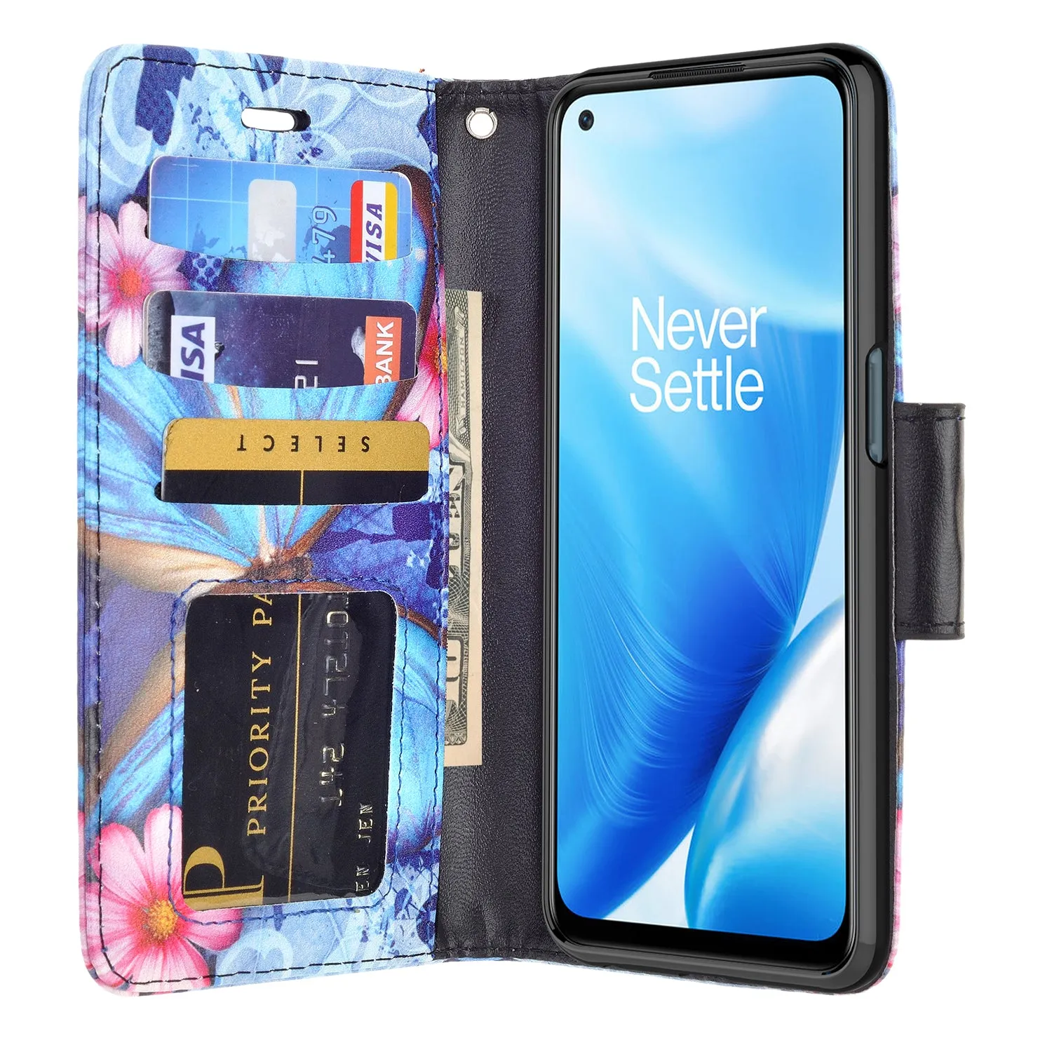 OnePlus Nord N200 5G Case, Nord N200 5G Wallet Case, Wrist Strap Pu Leather Wallet Case [Kickstand] with ID & Credit Card Slots - Blue Butterfly