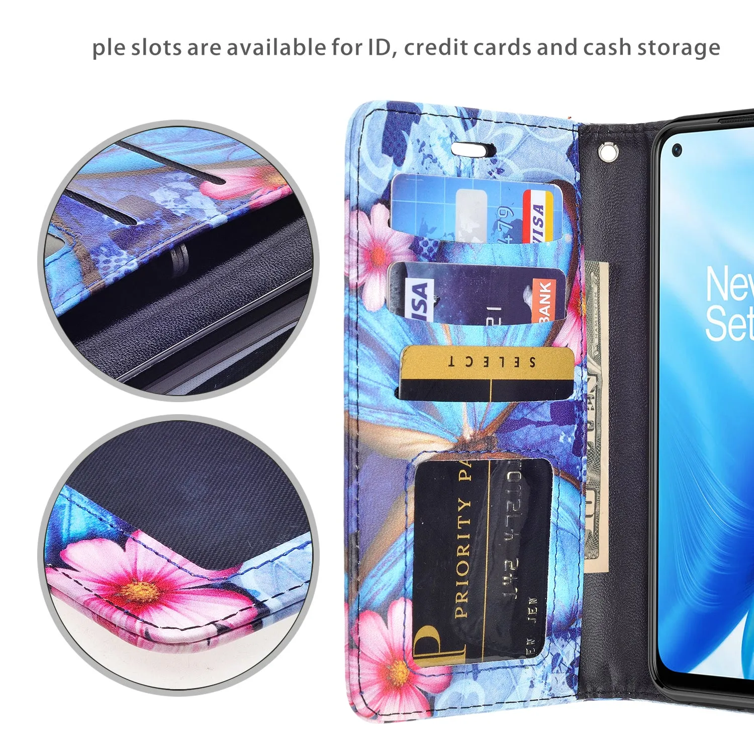 OnePlus Nord N200 5G Case, Nord N200 5G Wallet Case, Wrist Strap Pu Leather Wallet Case [Kickstand] with ID & Credit Card Slots - Blue Butterfly