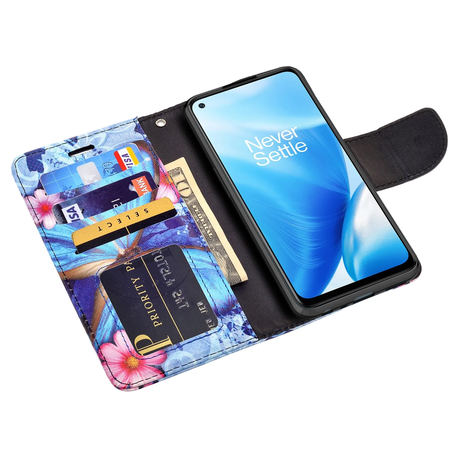 OnePlus Nord N200 5G Case, Nord N200 5G Wallet Case, Wrist Strap Pu Leather Wallet Case [Kickstand] with ID & Credit Card Slots - Blue Butterfly