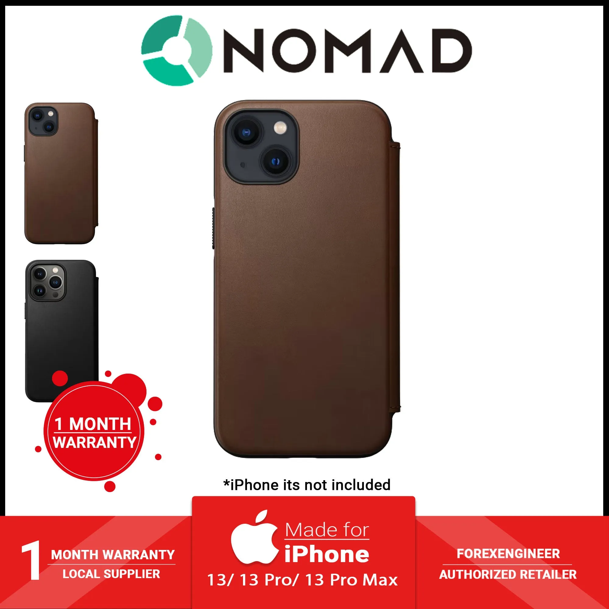 [ONLINE EXCLUSIVE] Nomad Modern Leather Folio Rugged Case for iPhone 13 Pro 6.1" 5G - MagSafe Compatible - Rustic Brown (Barcode: 856500010748 )