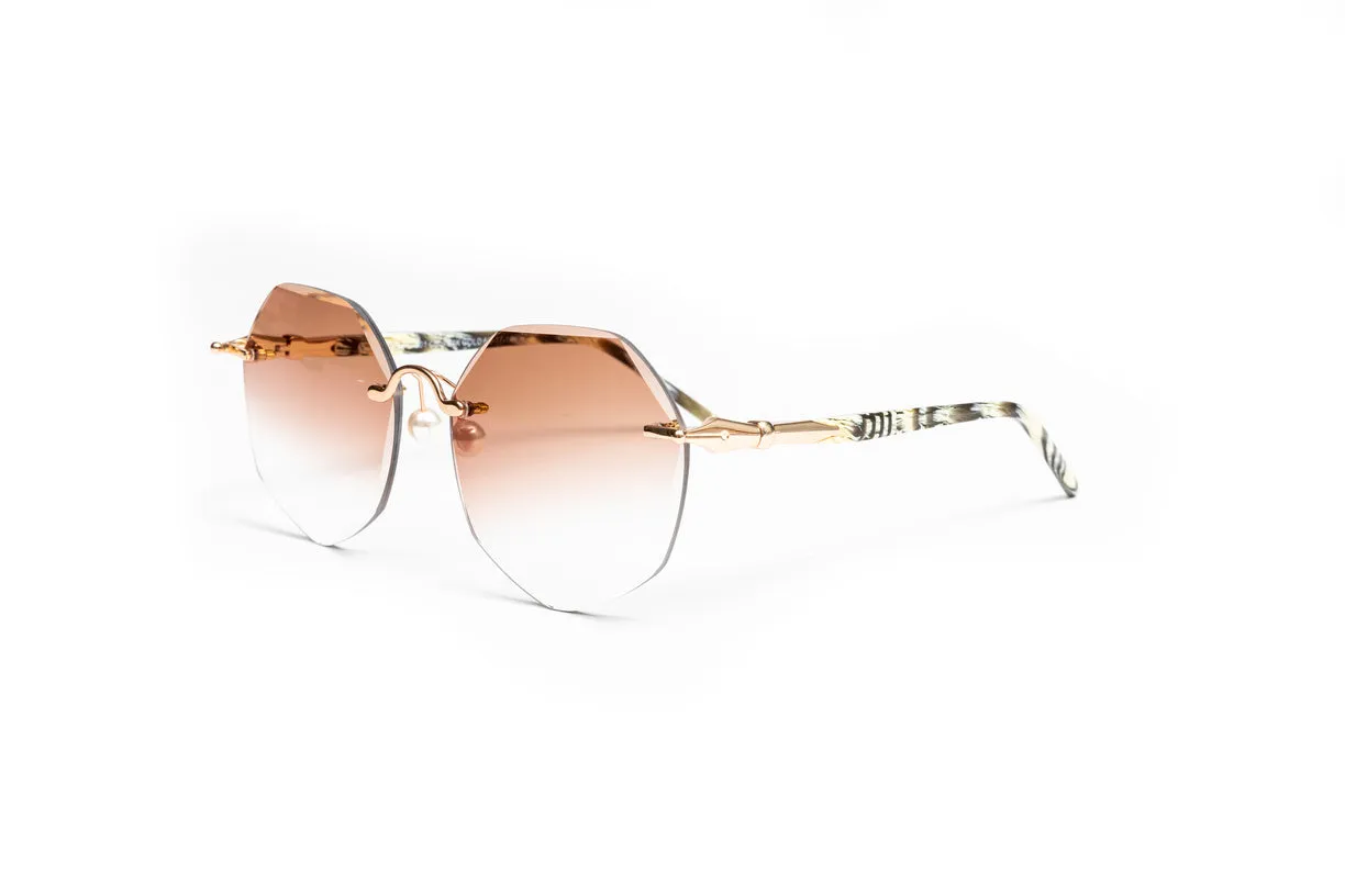 PEARL COLLECTION 18KT Gold & Black/White Acetate Sunglasses, Gradient Brown Lenses