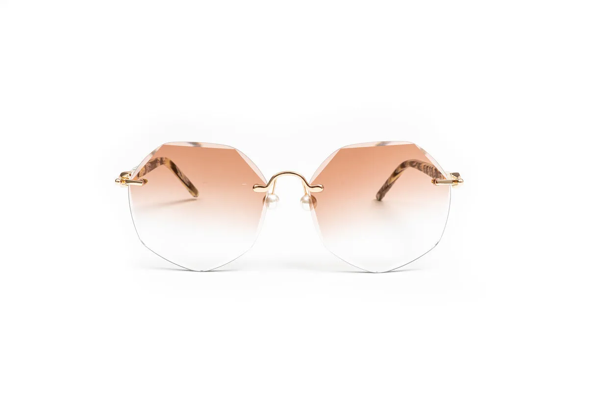 PEARL COLLECTION 18KT Gold & Black/White Acetate Sunglasses, Gradient Brown Lenses