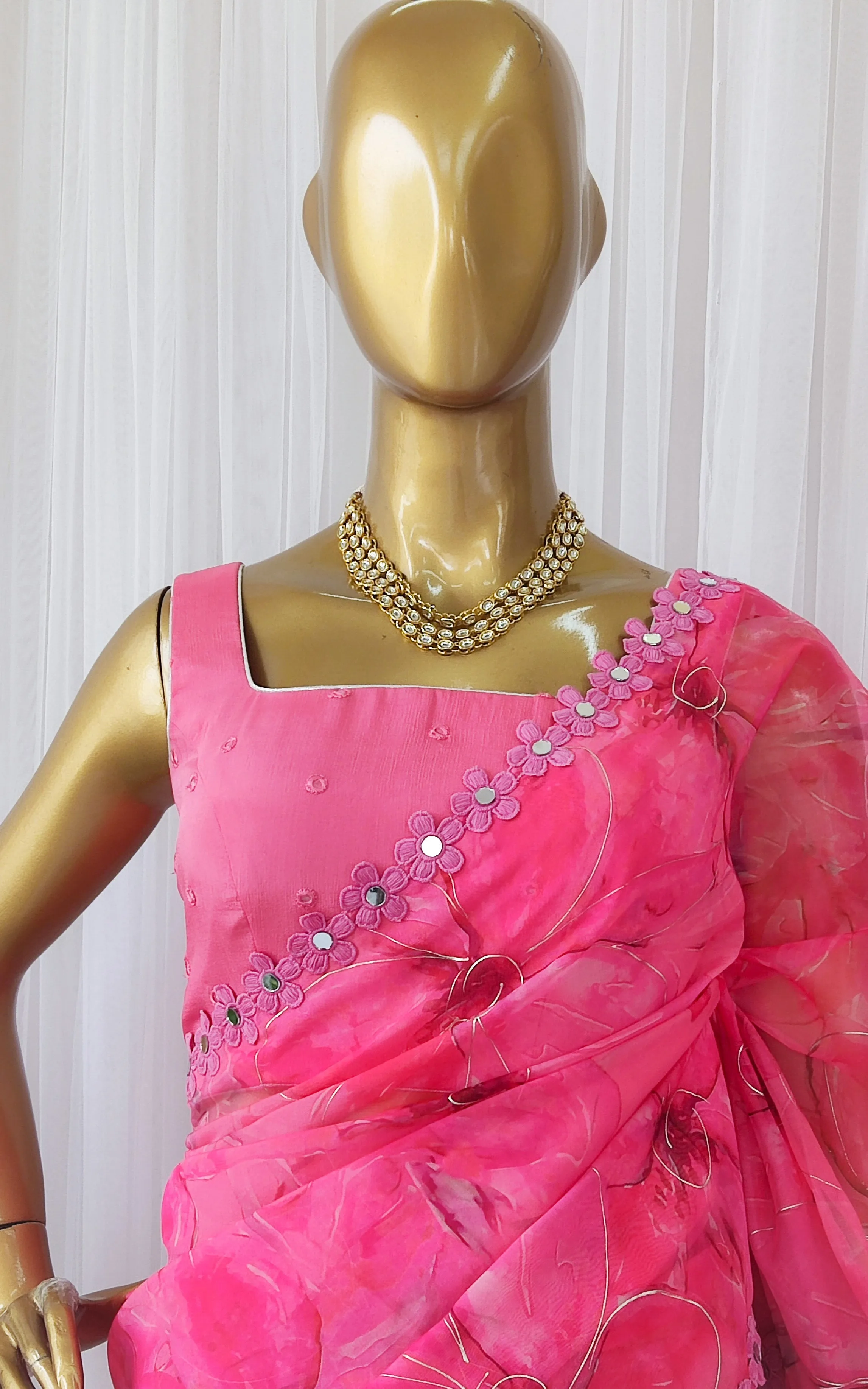 Pink Floral Organza Mirrorwork Saree