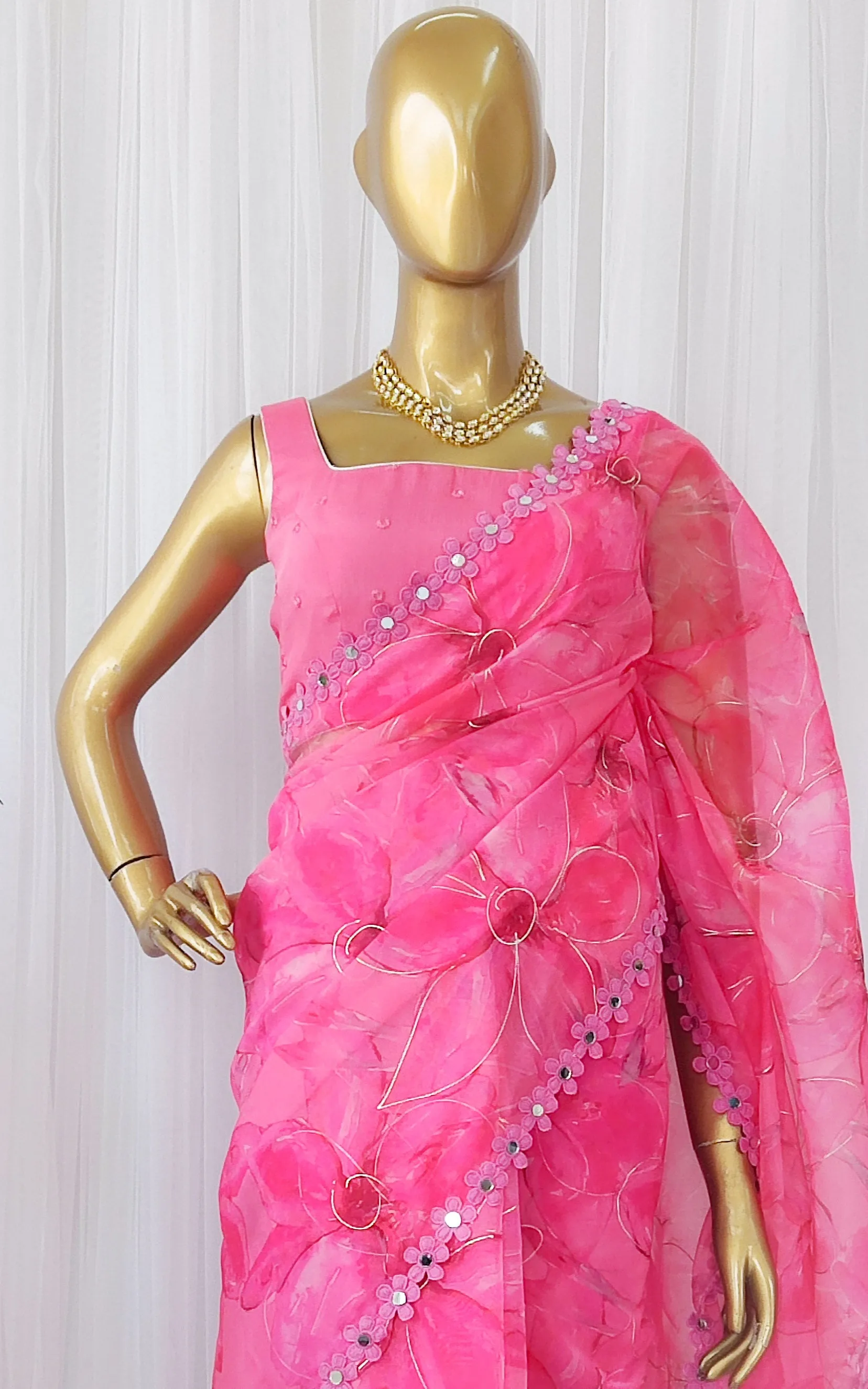 Pink Floral Organza Mirrorwork Saree