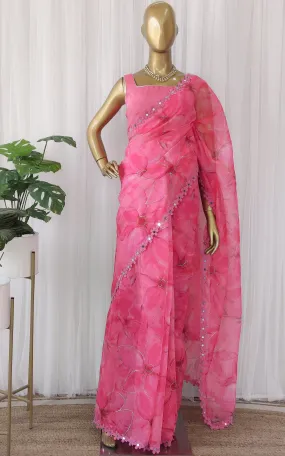 Pink Floral Organza Mirrorwork Saree