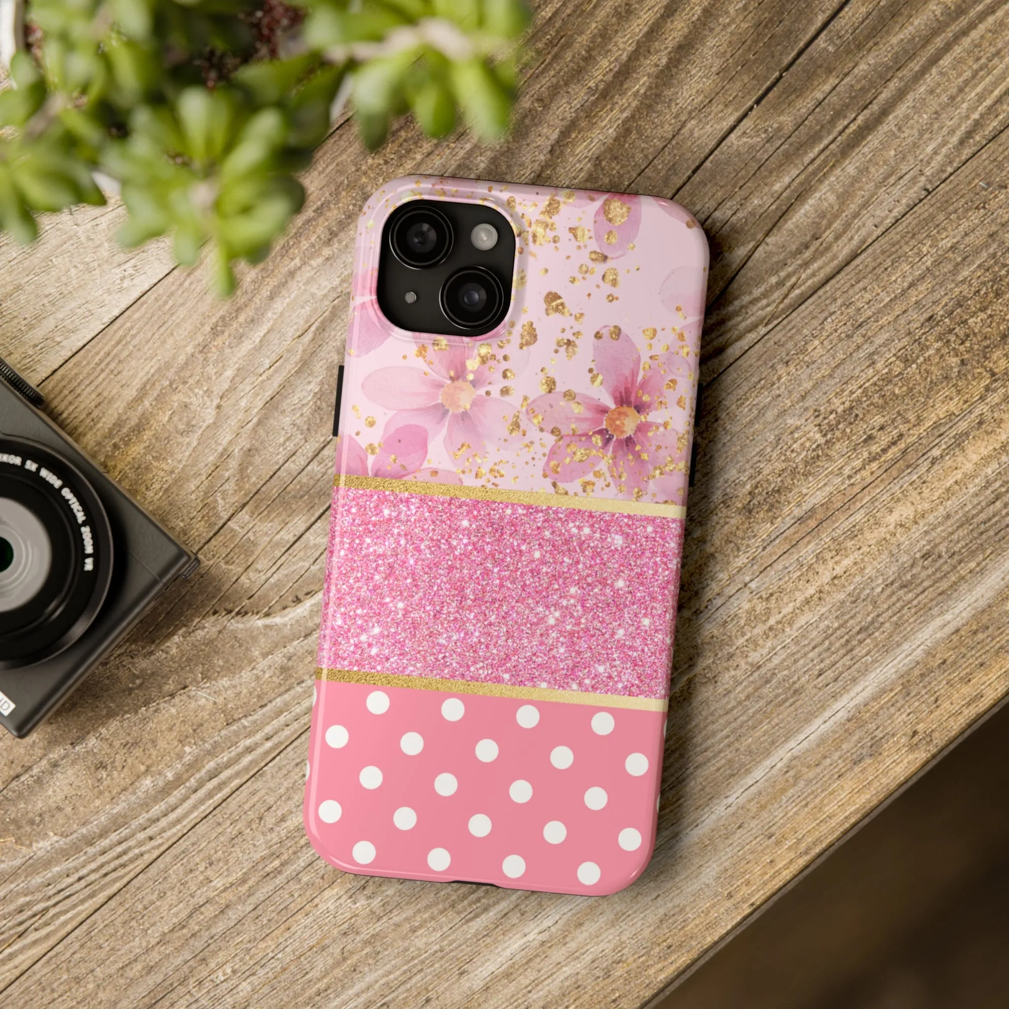 Pink Watercolor flowers and Polka Dot Design Phone Case- Lightweight, Impact Resistant Cover for iPhone 6, 6s, 12, 13, 14, 15