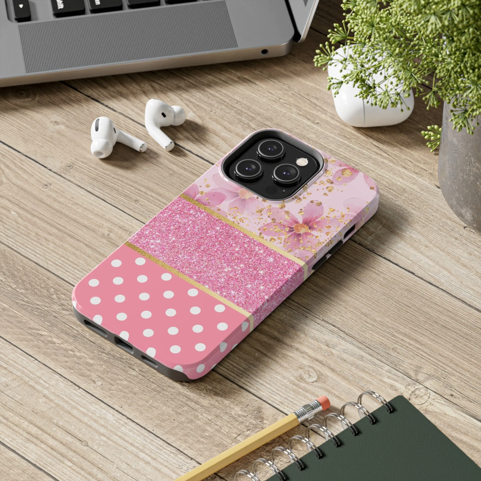 Pink Watercolor flowers and Polka Dot Design Phone Case- Lightweight, Impact Resistant Cover for iPhone 6, 6s, 12, 13, 14, 15