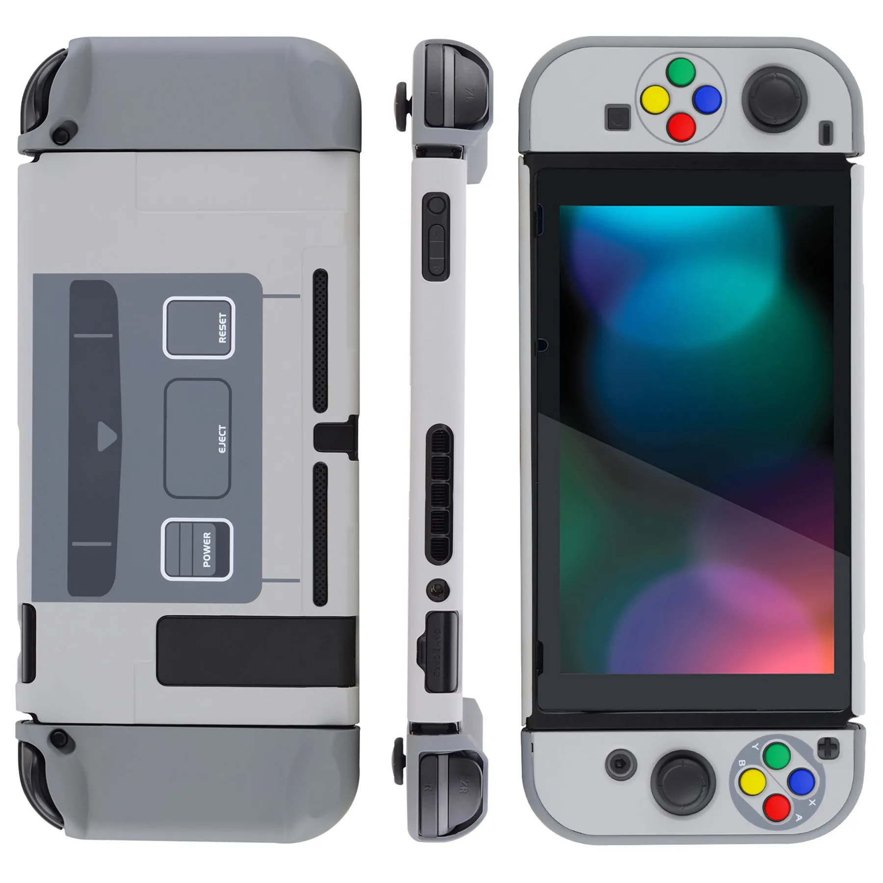 PlayVital SFC SNES Classic EU Style Back Cover for NS Switch Console, NS Joycon Handheld Controller Separable Protector Hard Shell, Dockable Protective Case with Colorful ABXY Direction Button Caps - NTT105