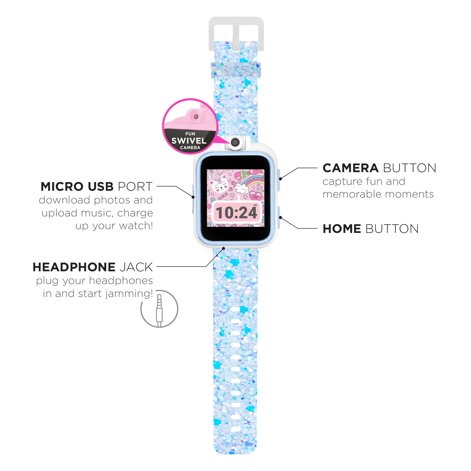 PlayZoom 2 Kids Smartwatch with Headphones: Light Blue Sparkle