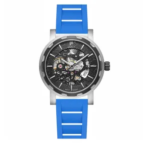 PUNCH Mens Watch, Black & Silver Skeleton Automatic Watch - Blue Rubber Strap