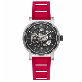 PUNCH Mens Watch, Black & Silver Skeleton Automatic Watch - Red Rubber Strap