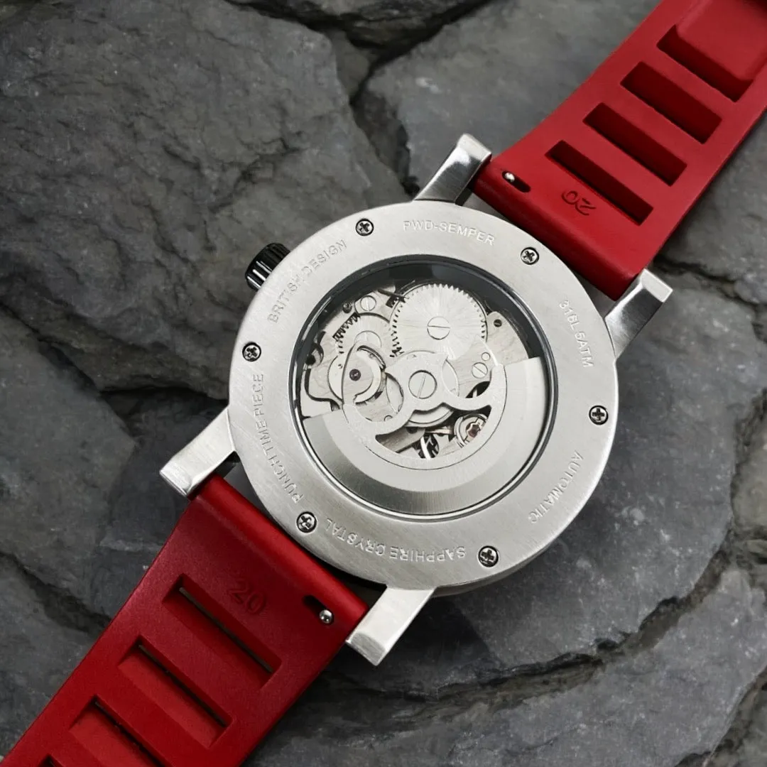 PUNCH Mens Watch, Black & Silver Skeleton Automatic Watch - Red Rubber Strap