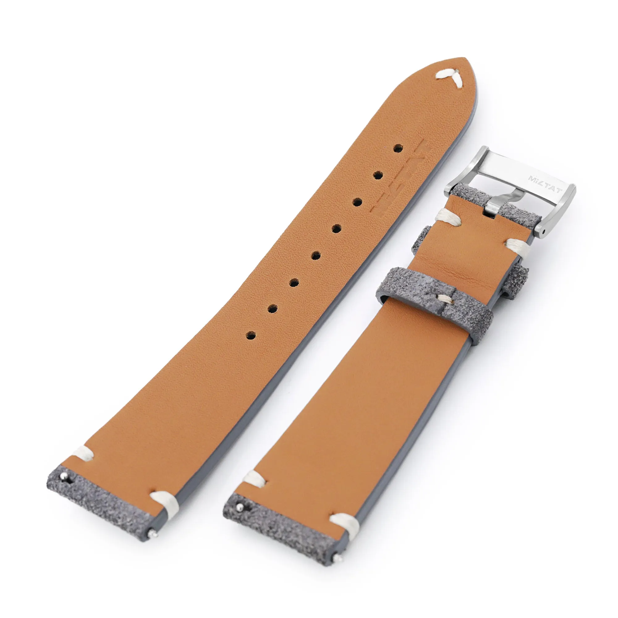 Q.R. Grey Suede watch strap 19mm to 22mm Leather Watch Band Beige Stitch.