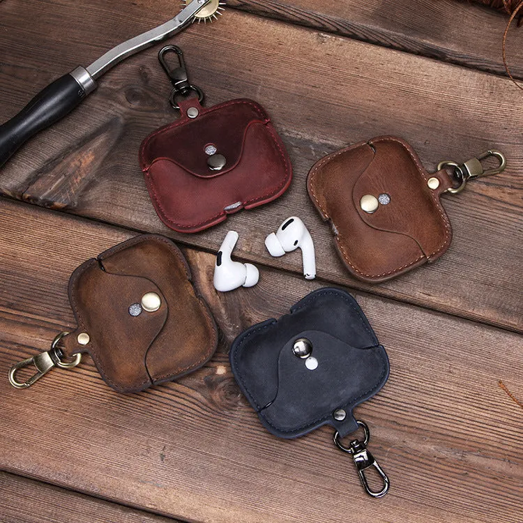 Real Leather Wallet Round Small Coin Change Purse Earphone Airpod Case with Keychain For AirPods Pro