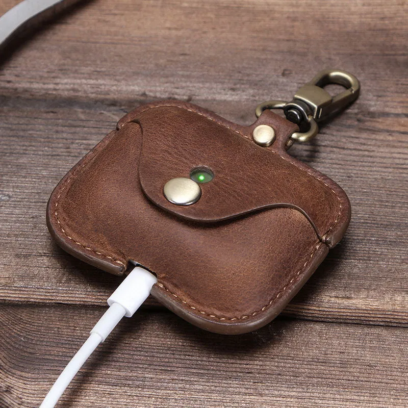 Real Leather Wallet Round Small Coin Change Purse Earphone Airpod Case with Keychain For AirPods Pro