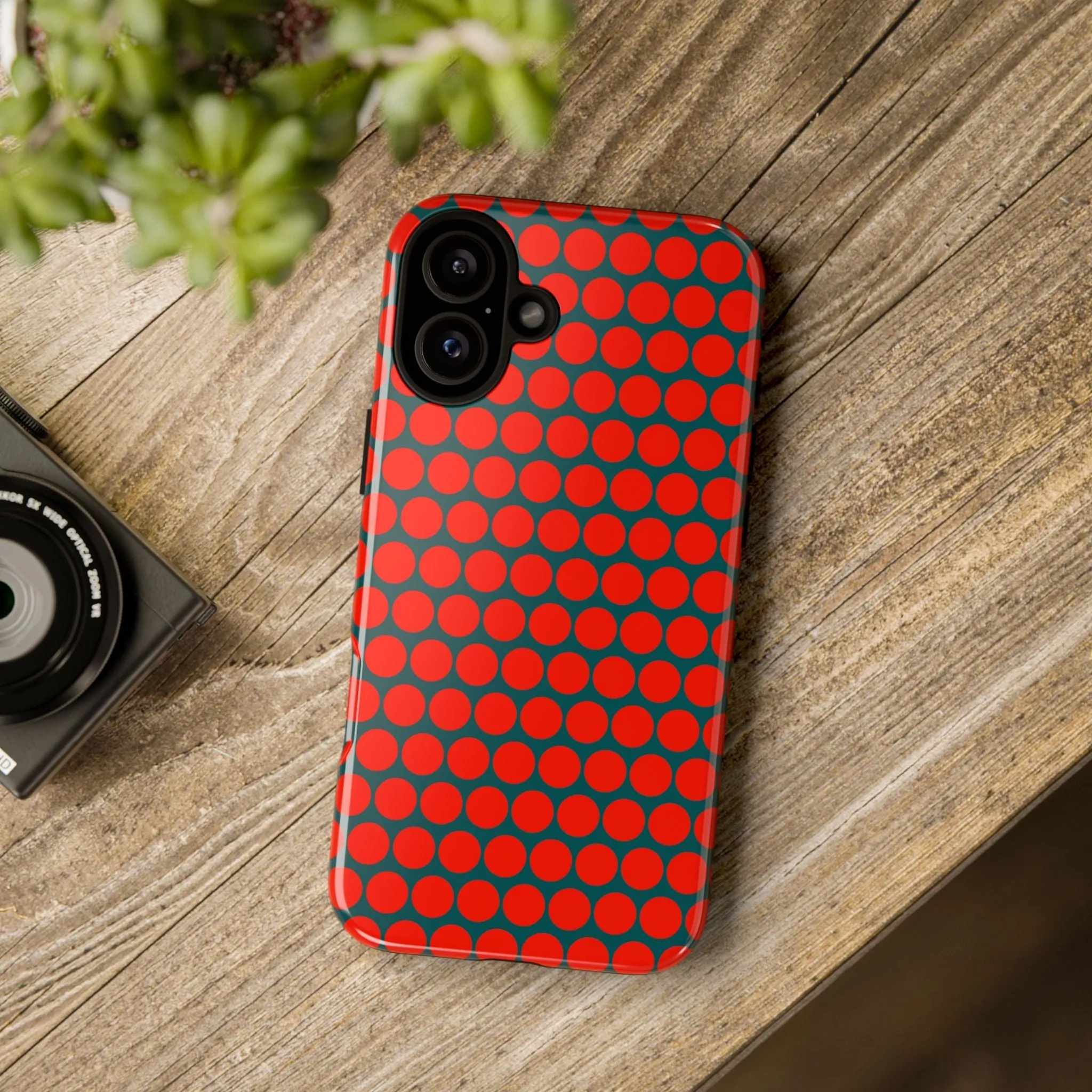 Red Dot Teal Background Polka Dot Tough Phone Case for iPhone Samsung & Google Phones