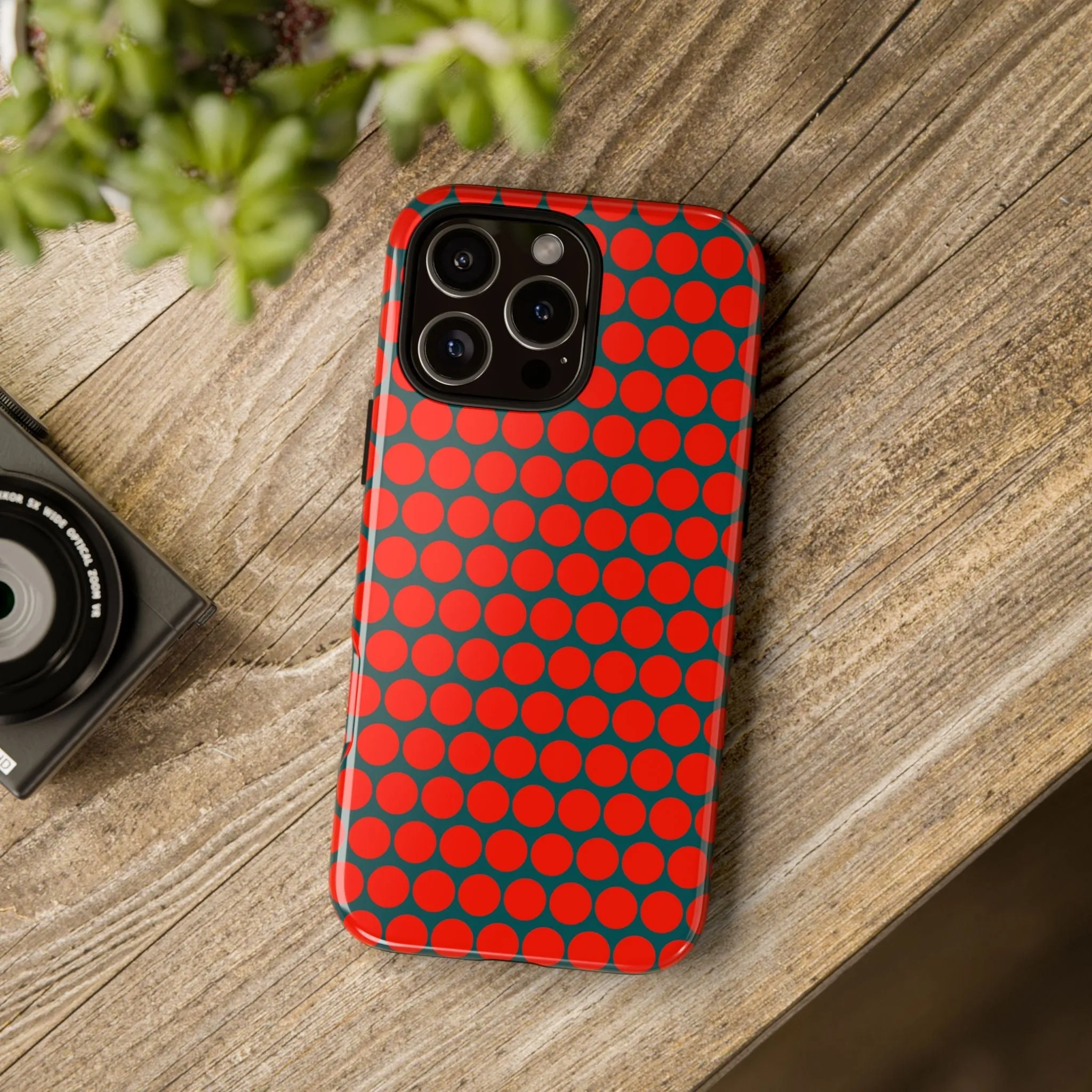 Red Dot Teal Background Polka Dot Tough Phone Case for iPhone Samsung & Google Phones