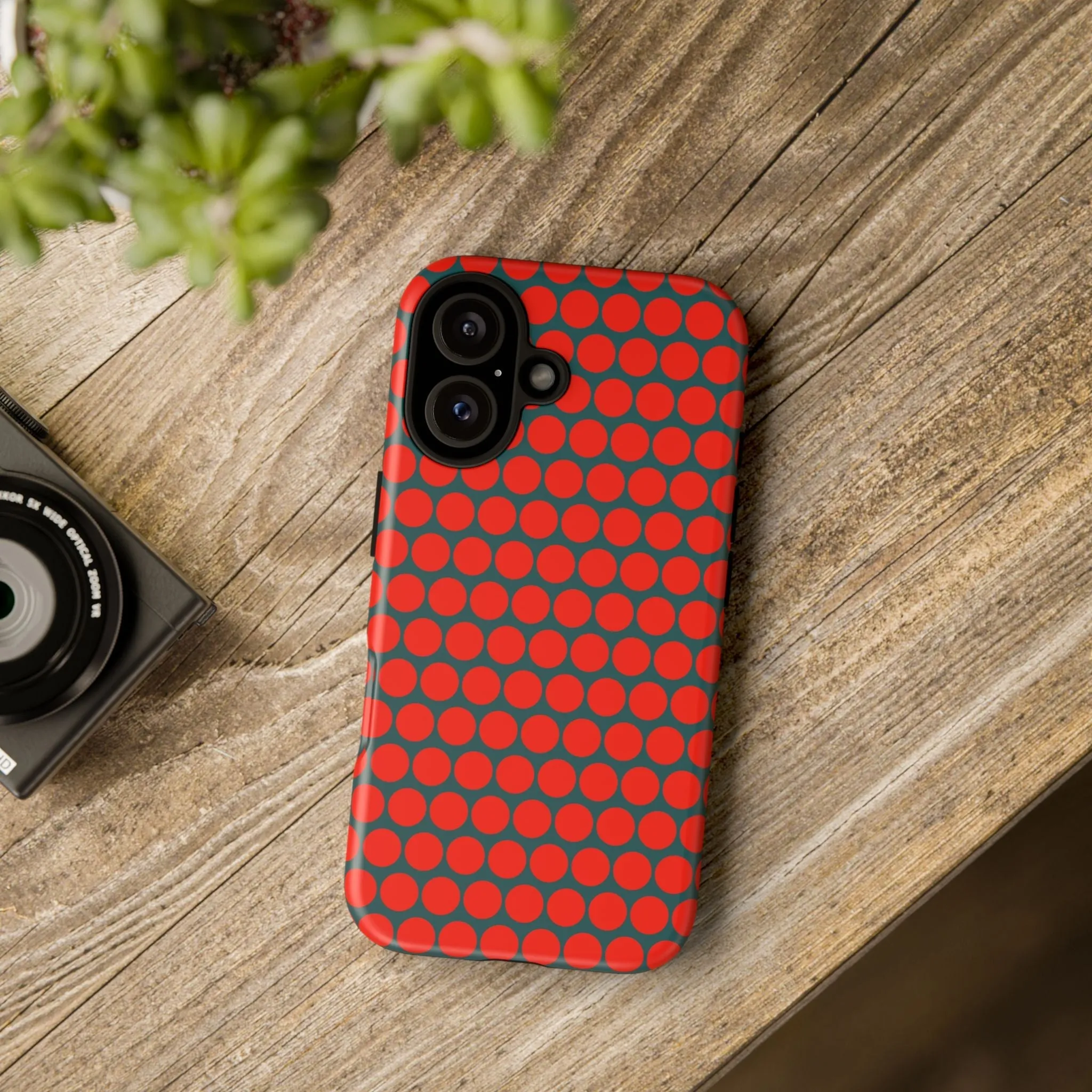 Red Dot Teal Background Polka Dot Tough Phone Case for iPhone Samsung & Google Phones