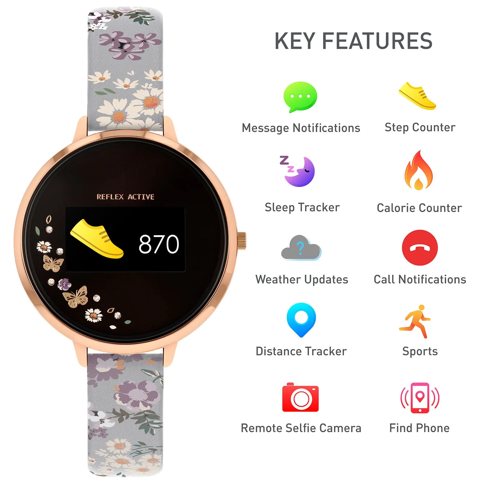 Reflex Active Smart Watch Grey Butterfly Series 03 with Rose Gold Bezel & Floral Strap  RA03-2060