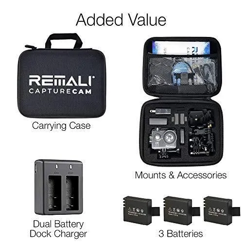 REMALI CaptureCam 4K Ultra HD and 12MP Waterproof Sports Action Camera Kit with Carrying Case, 3 Batteries, Dual Battery Charger, 2” LCD Screen, WiFi, Remote Control, and 21 Mounts and Accessories