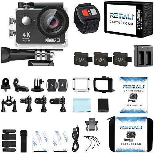 REMALI CaptureCam 4K Ultra HD and 12MP Waterproof Sports Action Camera Kit with Carrying Case, 3 Batteries, Dual Battery Charger, 2” LCD Screen, WiFi, Remote Control, and 21 Mounts and Accessories