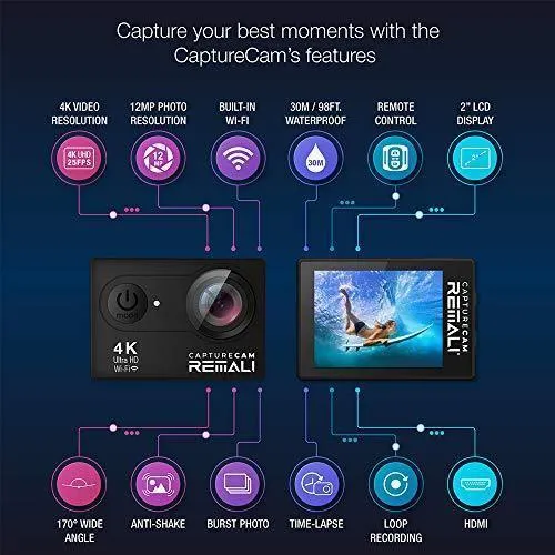 REMALI CaptureCam 4K Ultra HD and 12MP Waterproof Sports Action Camera Kit with Carrying Case, 3 Batteries, Dual Battery Charger, 2” LCD Screen, WiFi, Remote Control, and 21 Mounts and Accessories