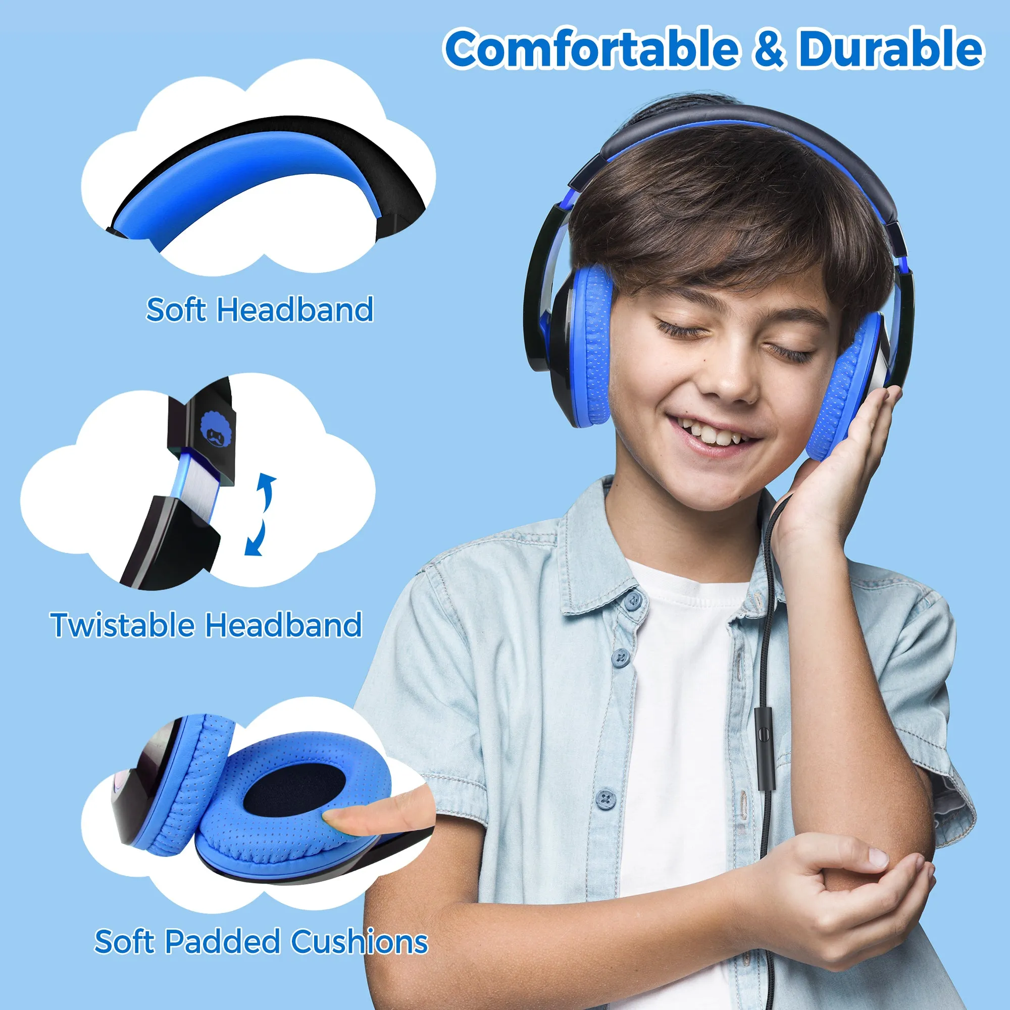 Rockpapa Comfort  Wired Kids Headphones with Microphones for School Travel