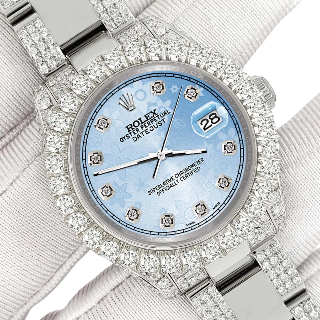 Rolex Datejust 31mm Pave 7.2ct Iced Diamond Blue Flower Track Watch  TFJ-142508465