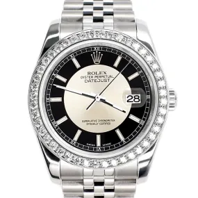 Rolex Datejust 36MM Black/Silver Dial Watch with 2CT Custom Diamond Bezel  TFJ-142507964