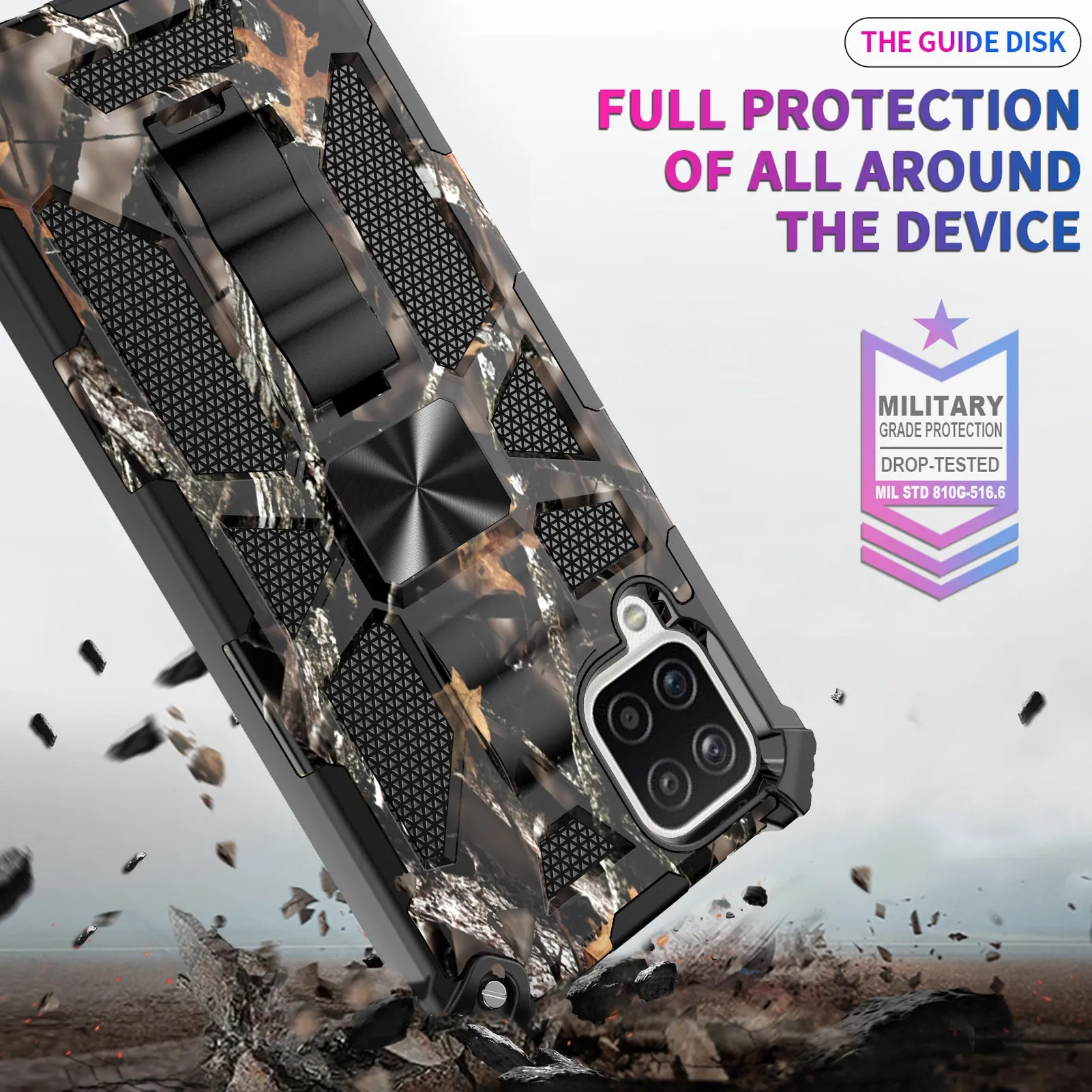 Samsung Galaxy A12 Case [Military Grade] Ring Car Mount Kickstand Hybrid Hard PC Soft TPU Shockproof Protective Case - Black Tree