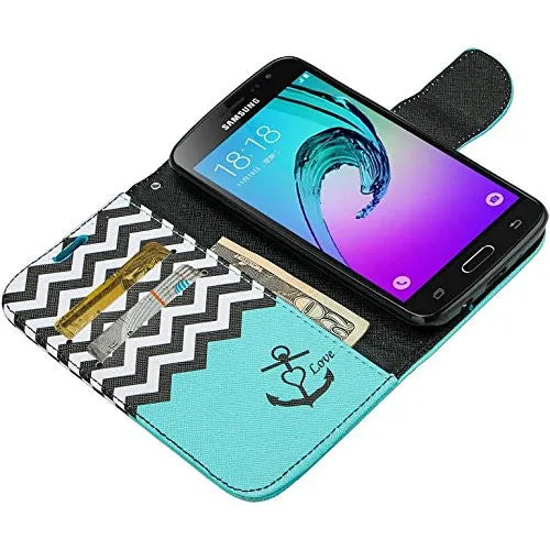 Samsung Galaxy J3 Case, J3V Case | Galaxy Express Prime Case | Galaxy Sky Case | Amp Prime Case | Galaxy Sol Wrist Strap Pu Leather Magnetic Fold Wallet Case with ID & Card Slots - Teal Anchor