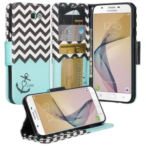 Samsung Galaxy J7 (2017) / J7 Sky Pro / J7 Perx / J7 V / J7 Prime / Galaxy Halo Case, Wrist Strap Pu Leather Magnetic Flip[Kickstand] Wallet Cover w/ Card Slots - Teal Anchor