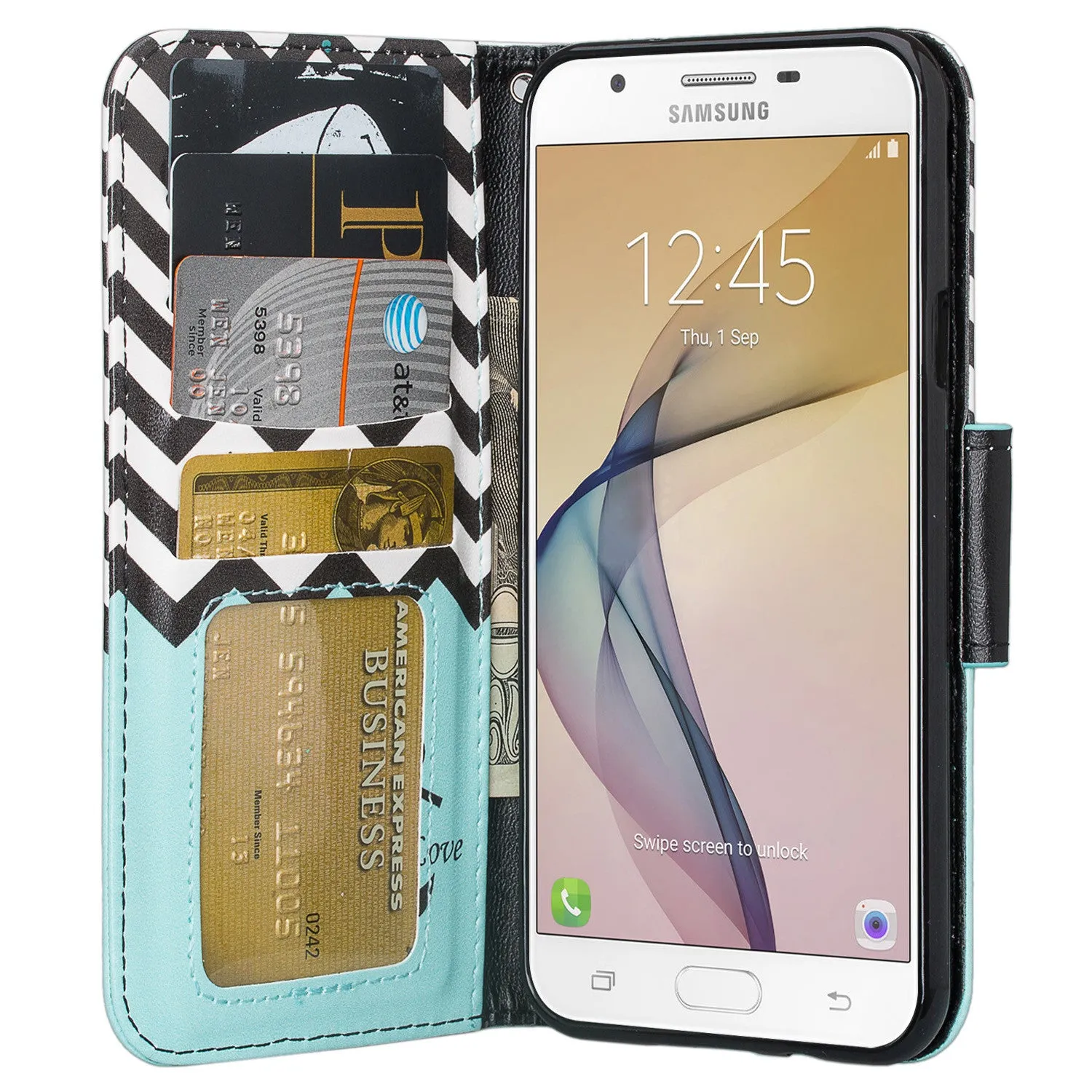 Samsung Galaxy J7 (2017) / J7 Sky Pro / J7 Perx / J7 V / J7 Prime / Galaxy Halo Case, Wrist Strap Pu Leather Magnetic Flip[Kickstand] Wallet Cover w/ Card Slots - Teal Anchor