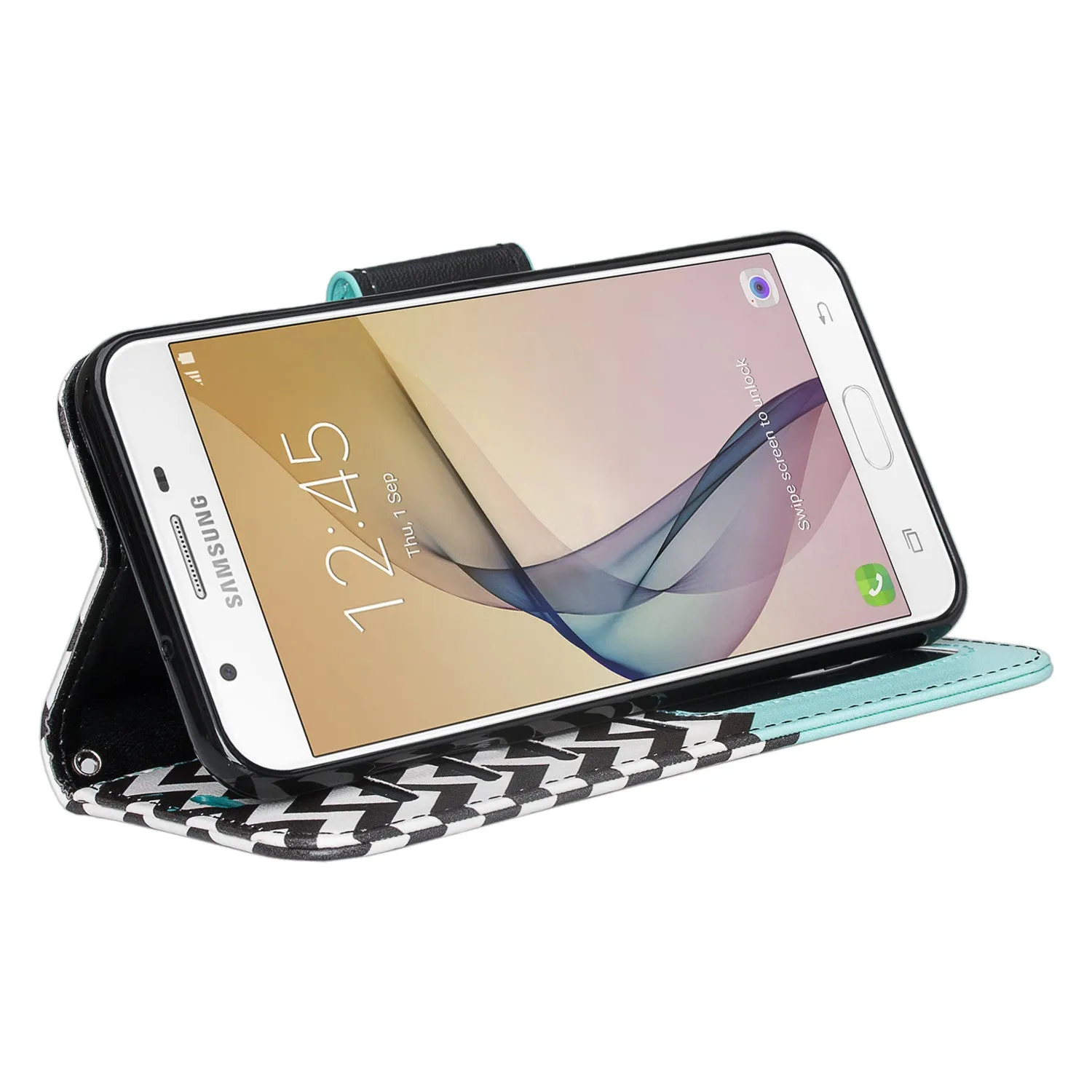 Samsung Galaxy J7 (2017) / J7 Sky Pro / J7 Perx / J7 V / J7 Prime / Galaxy Halo Case, Wrist Strap Pu Leather Magnetic Flip[Kickstand] Wallet Cover w/ Card Slots - Teal Anchor