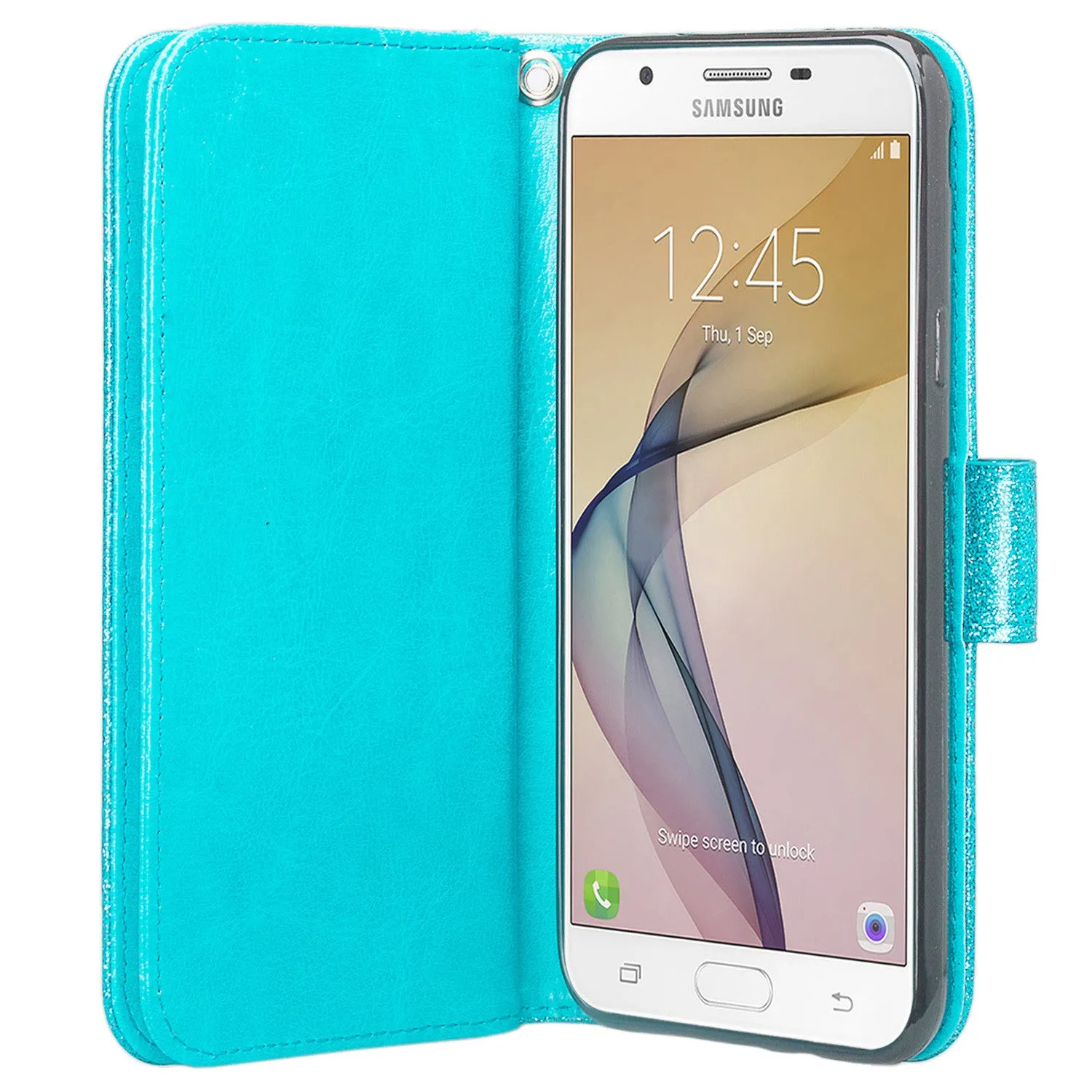 Samsung Galaxy J7 V / J7 (2017) / J7 Perx / J7 Sky Pro / J7 Prime / Galaxy Halo Case Wrist Strap Glitter Faux Leather Flip [Kickstand] Wallet Cover Wristlet - Teal