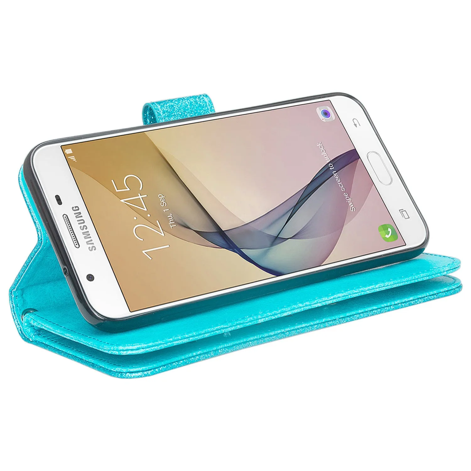 Samsung Galaxy J7 V / J7 (2017) / J7 Perx / J7 Sky Pro / J7 Prime / Galaxy Halo Case Wrist Strap Glitter Faux Leather Flip [Kickstand] Wallet Cover Wristlet - Teal