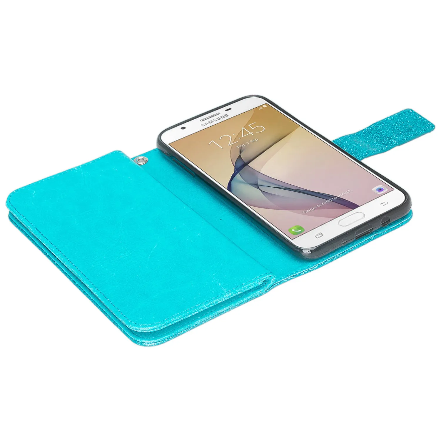 Samsung Galaxy J7 V / J7 (2017) / J7 Perx / J7 Sky Pro / J7 Prime / Galaxy Halo Case Wrist Strap Glitter Faux Leather Flip [Kickstand] Wallet Cover Wristlet - Teal