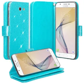 Samsung Galaxy J7 V / J7 (2017) / J7 Perx / J7 Sky Pro / J7 Prime / Galaxy Halo Case Wrist Strap Glitter Faux Leather Flip [Kickstand] Wallet Cover Wristlet - Teal